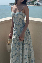 Blue Spaghetti Strap Sweetheart Corset Toile Floral Print A-Line Maxi Dress