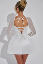 Square Neck Beaded Long Sleeve Fit and Flare Mini Cocktail Dress