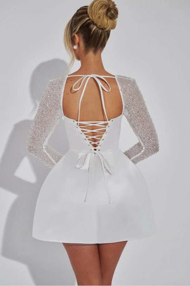 Square Neck Beaded Long Sleeve Fit and Flare Mini Cocktail Dress