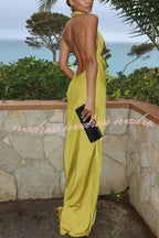 Elegant and Refined Satin Halter Draped Neck Backless Maxi Dress