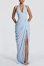 Minette Halter Back Lace-up Asymmetrical Pleats Slit Maxi Dress