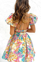 Tropical Floral Puff Sleeve Waist Cut Out Keyhole Sweetheart Mini Dress