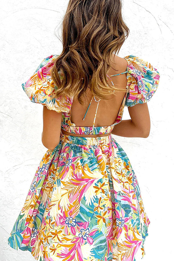Tropical Floral Puff Sleeve Waist Cut Out Keyhole Sweetheart Mini Dress
