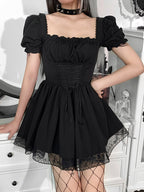 Square Neck Puff Sleeve Lace Up Corset Waist Lace Trim Hem Mini Dress