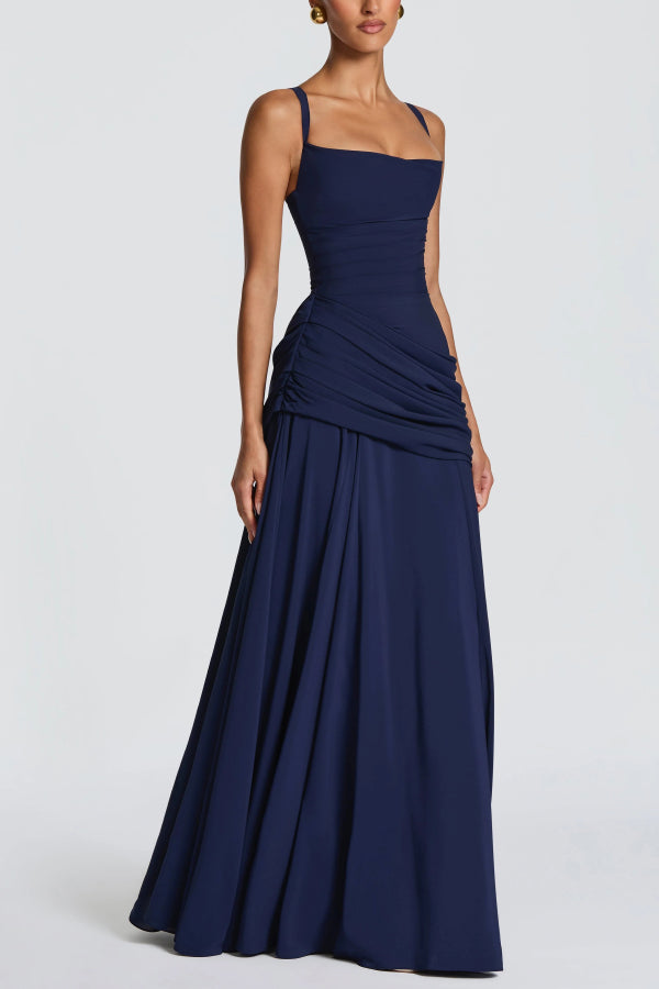 Stylish Spaghetti Strap Square Neck Slim-fit Elegant Pleated Maxi Dress