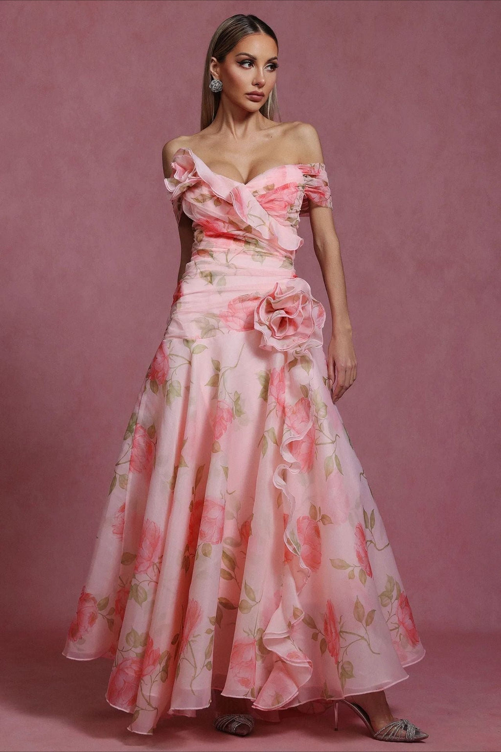 Pink Off Shoulder Sweetheart 3D Applique Floral Print A-Line Maxi Dress