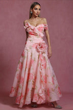 Pink Off Shoulder Sweetheart 3D Applique Floral Print A-Line Maxi Dress