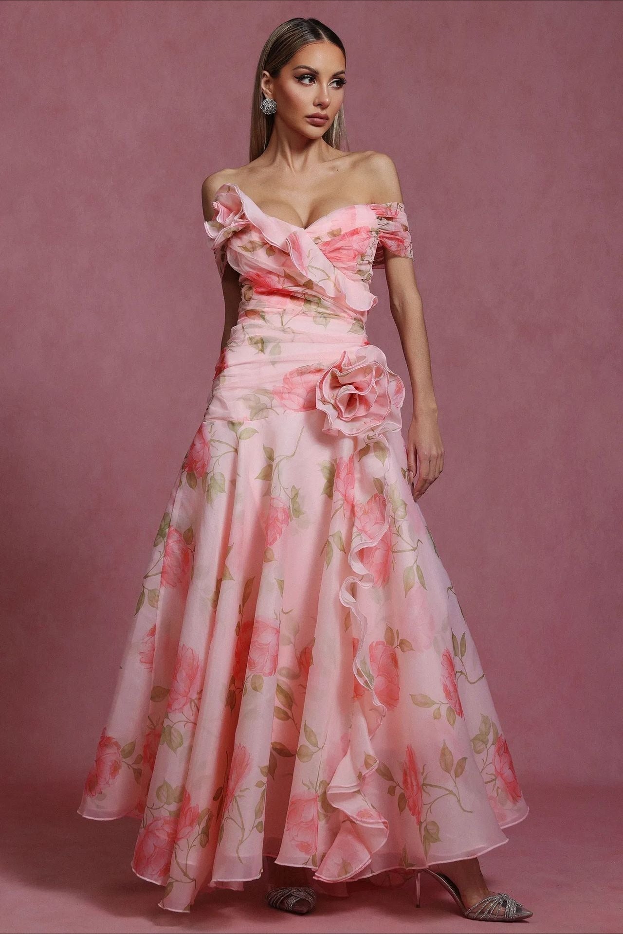 Pink Off Shoulder Sweetheart 3D Applique Floral Print A-Line Maxi Dress