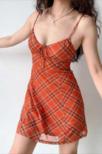 Plaid Print Sweetheart Tie Front Spaghetti Strap Bodycon Mini Dress