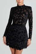 Burnout Velvet Floral Lace Mock Neck Long Sleeve Bodycon Mini Dress