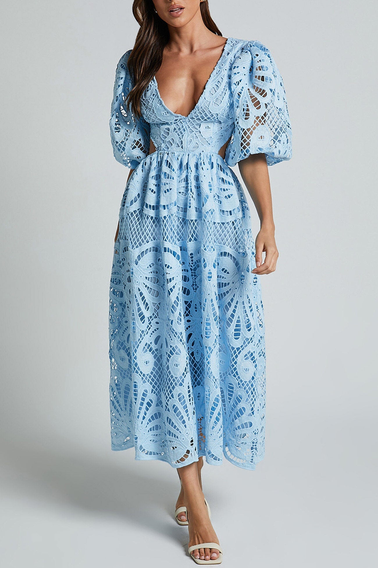 V-neck Lace Embroidery Hollow Waist Dress