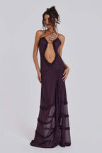 Mixed Print Spaghetti Strap Oval Front Cut Out Tiered Ruffle Slit Maxi Dress