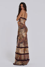 Mixed Print Spaghetti Strap Oval Front Cut Out Tiered Ruffle Slit Maxi Dress