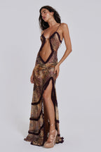 Mixed Print Spaghetti Strap Oval Front Cut Out Tiered Ruffle Slit Maxi Dress