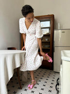 Pure Cotton Bandage Wrap-up Puff Sleeve Printed Comfort Maxi Dresses