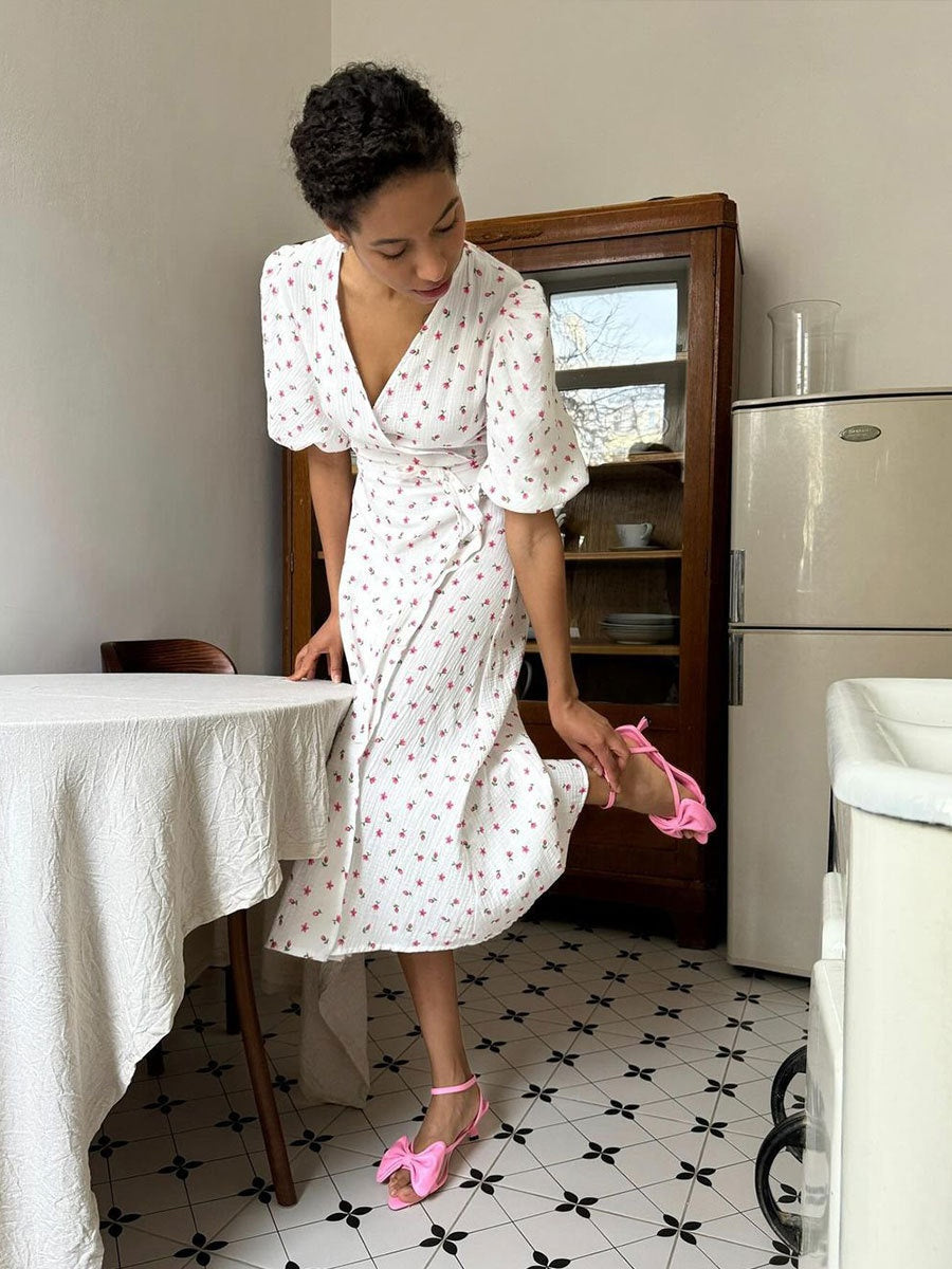 Pure Cotton Bandage Wrap-up Puff Sleeve Printed Comfort Maxi Dresses