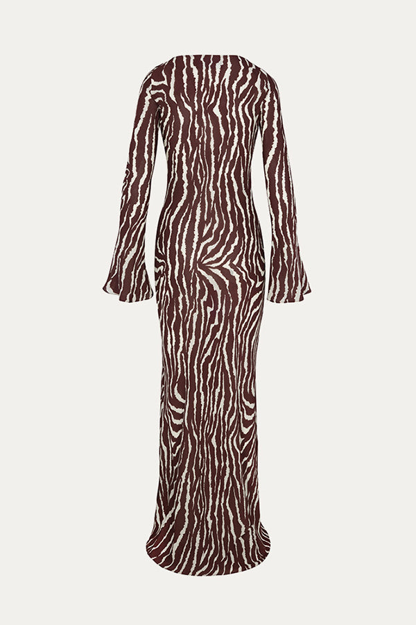 Floral Print Scoop Neck Bell Sleeve Bias Cut Maxi Dress