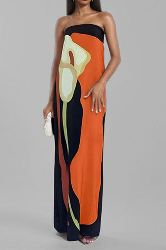 Strapless Oversized Abstract Floral Placement Print Column Maxi Dress