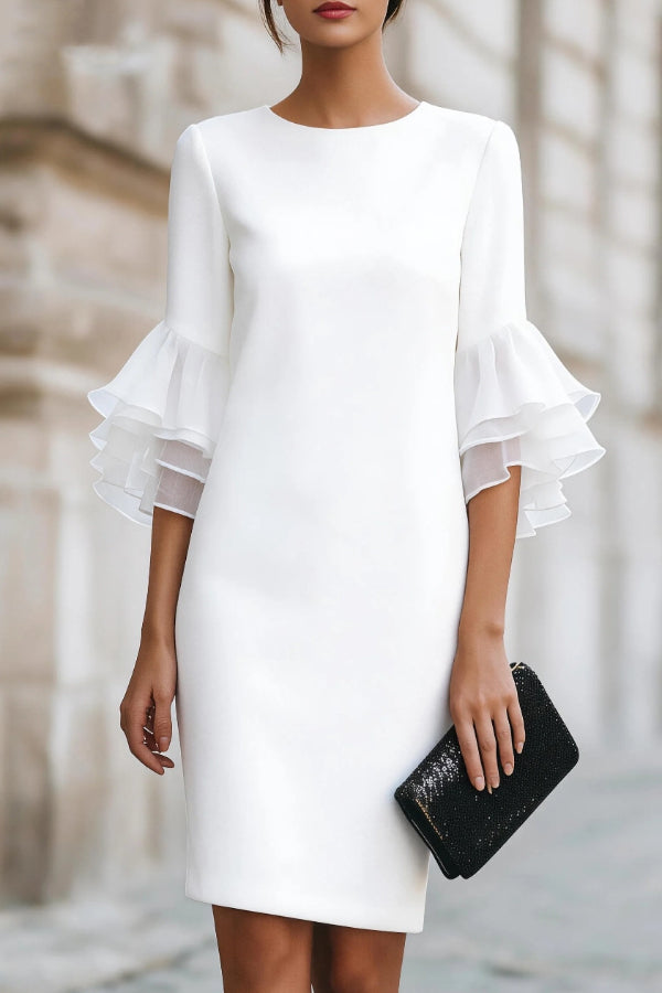 Solid Color Round Neck Ruffle Sleeve Elegant Mini Dress