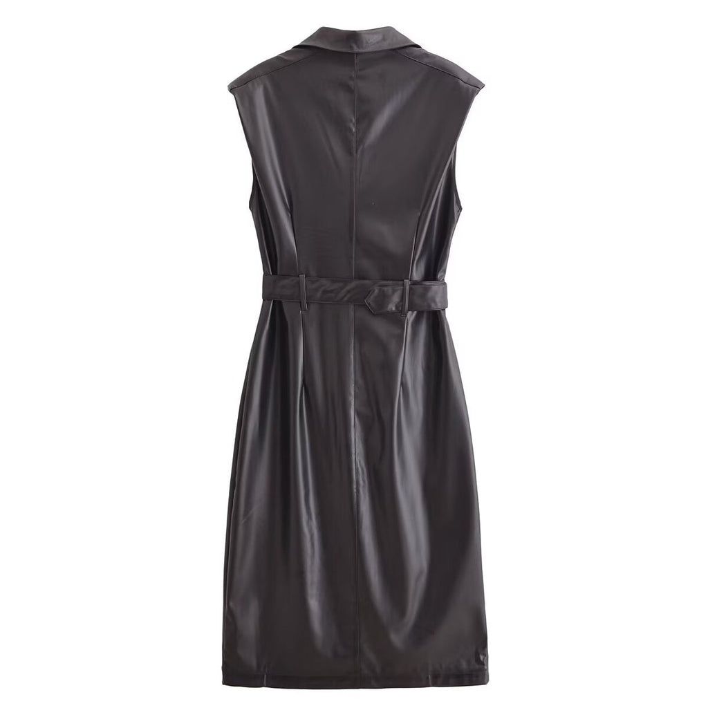 Faux Leather Sleeveless Trench Coat Dress