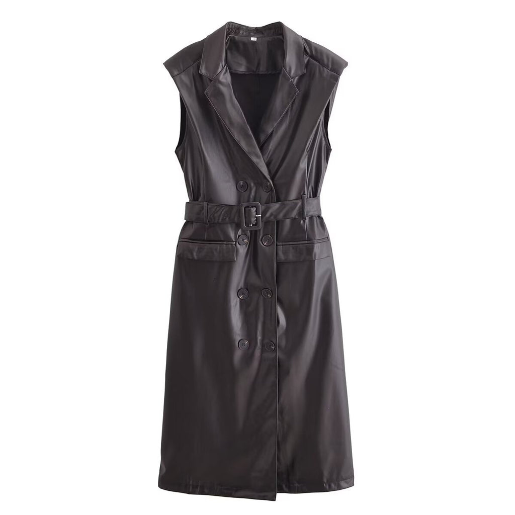Faux Leather Sleeveless Trench Coat Dress