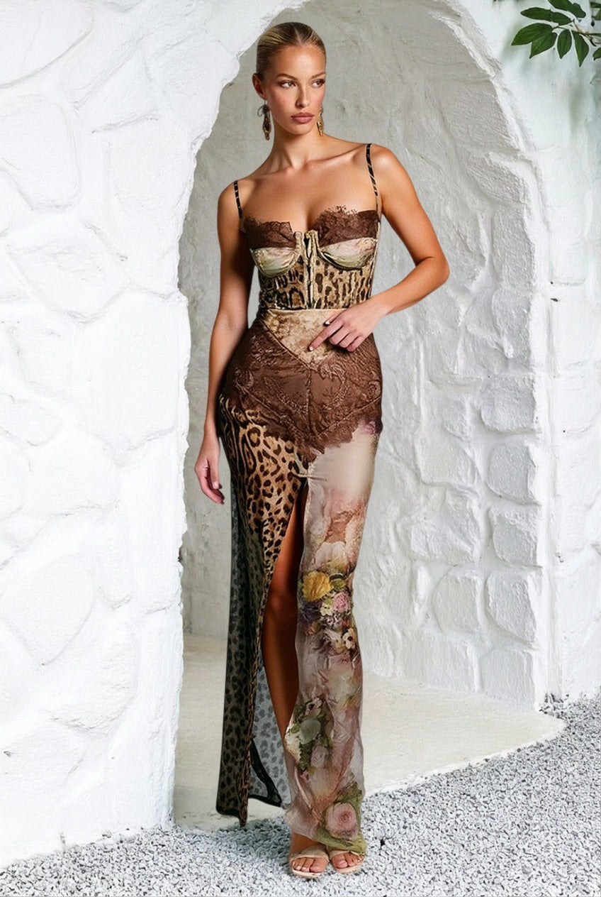Print Lace Corset Bodice High Slit Maxi Dress