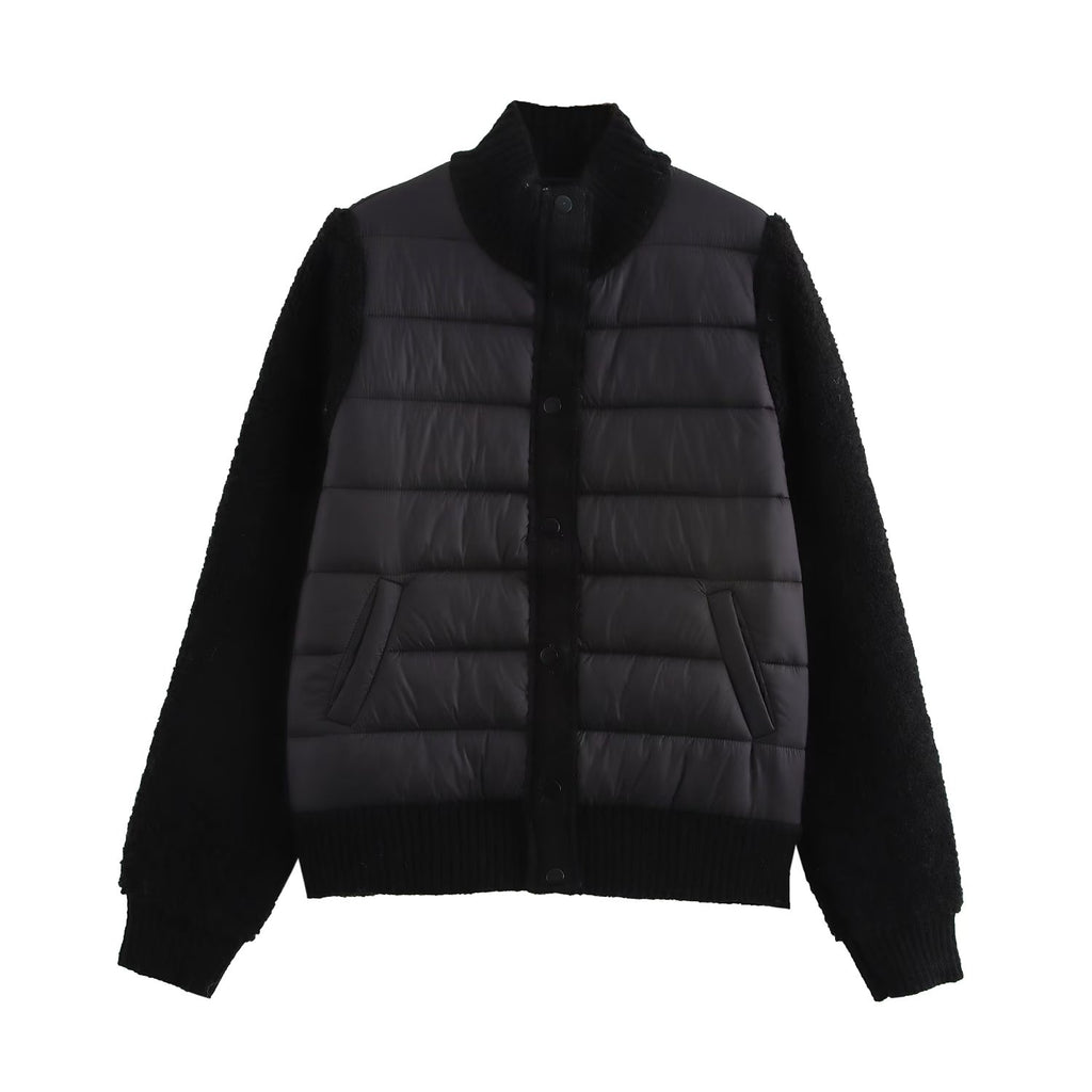Stand-Collar Knitted Patchwork Jacket