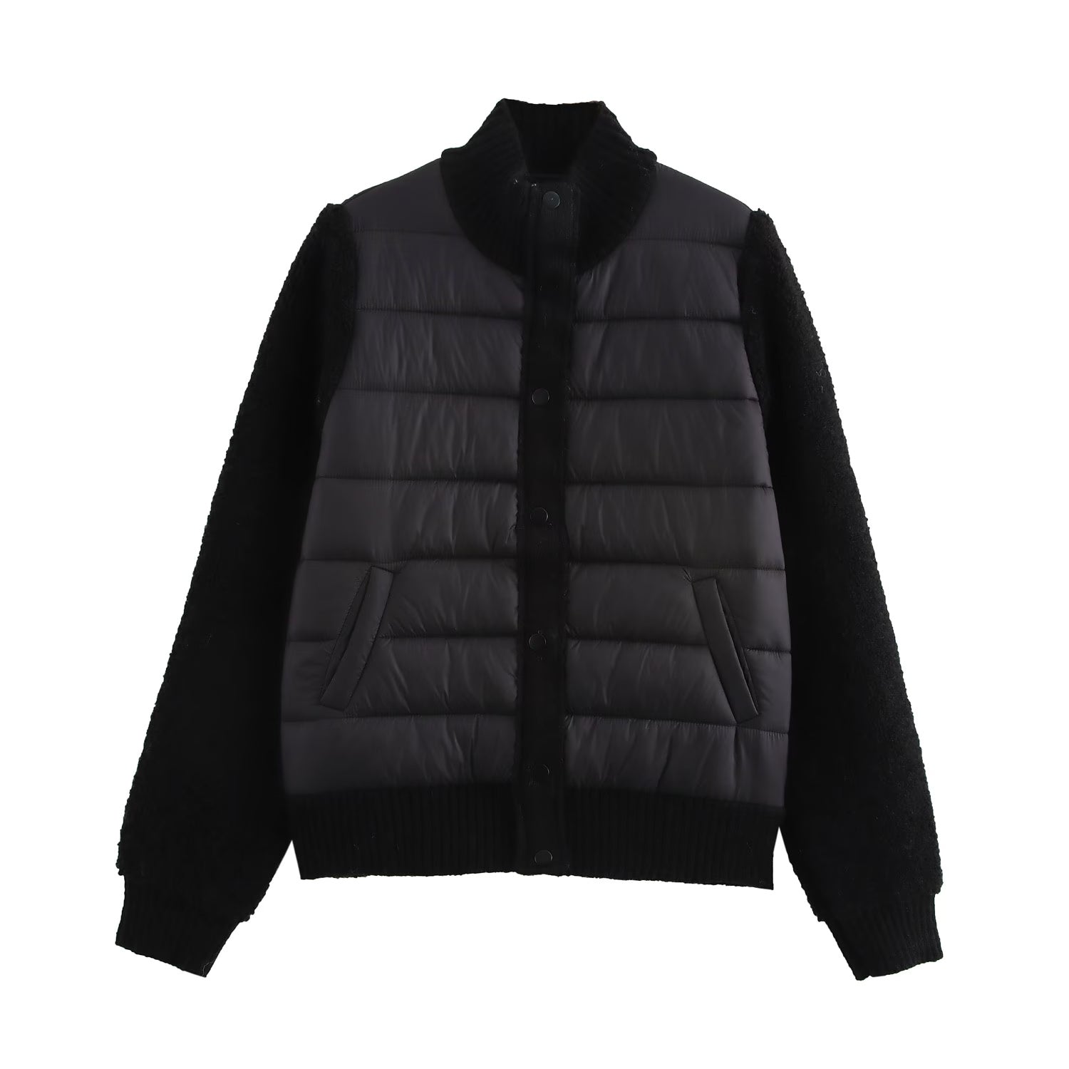 Stand-Collar Knitted Patchwork Jacket