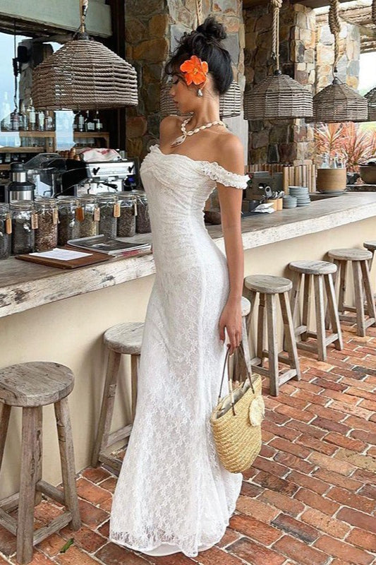 Lace Off Shoulder Ruffle Sleeve Sweetheart Neck Column Maxi Dress