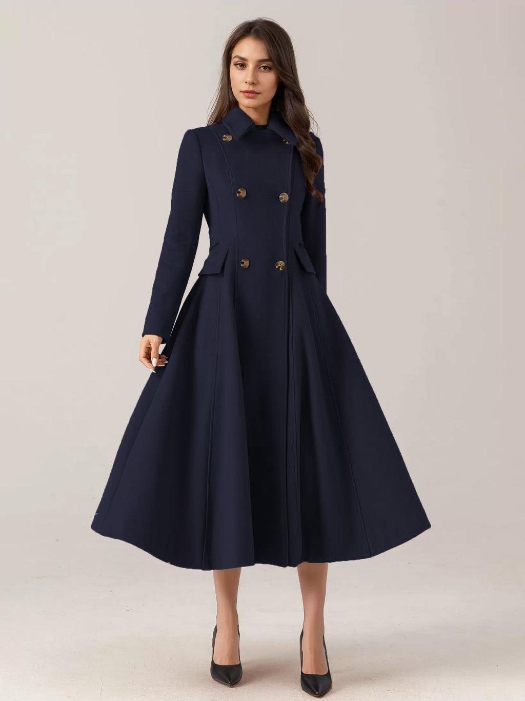 Flared Wool Blend Coat For Woman Red Turndown Collar Double-breasted Elegant 2026 Winter Outerwear