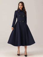 Flared Wool Blend Coat For Woman Red Turndown Collar Double-breasted Elegant 2026 Winter Outerwear