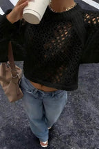 Fashionable Openwork Round Neck Long-sleeved Backless Tie Knit Sweater
