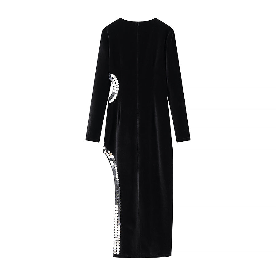 Long Sleeve Structured Shoulder Cut Out High Split Maxi Gown