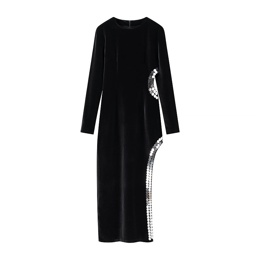 Long Sleeve Structured Shoulder Cut Out High Split Maxi Gown