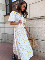 Pure Cotton Bandage Wrap-up Puff Sleeve Printed Comfort Maxi Dresses
