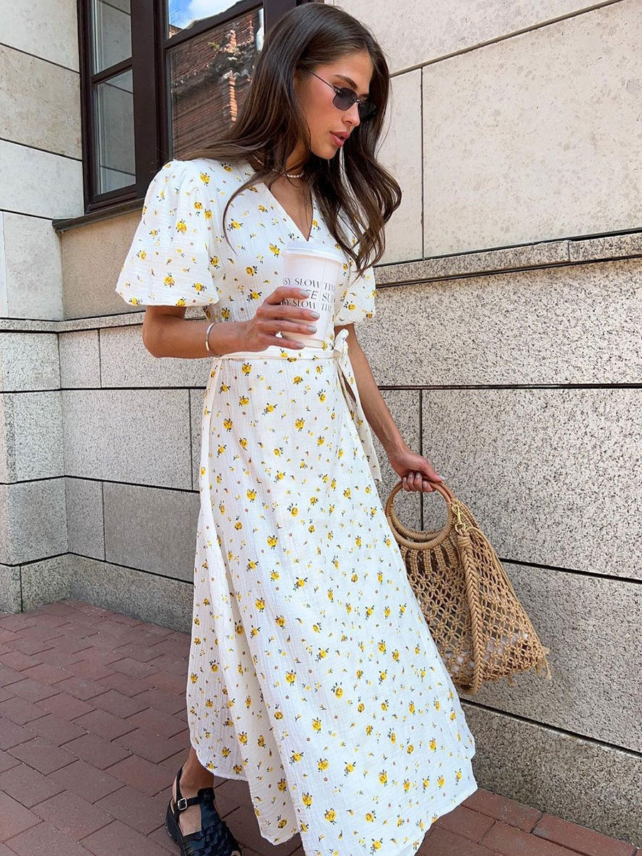 Pure Cotton Bandage Wrap-up Puff Sleeve Printed Comfort Maxi Dresses