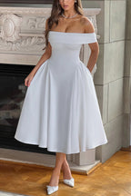 Off Shoulder Foldover Cuff Pleated Pocket Fit and Flare Midi Dress