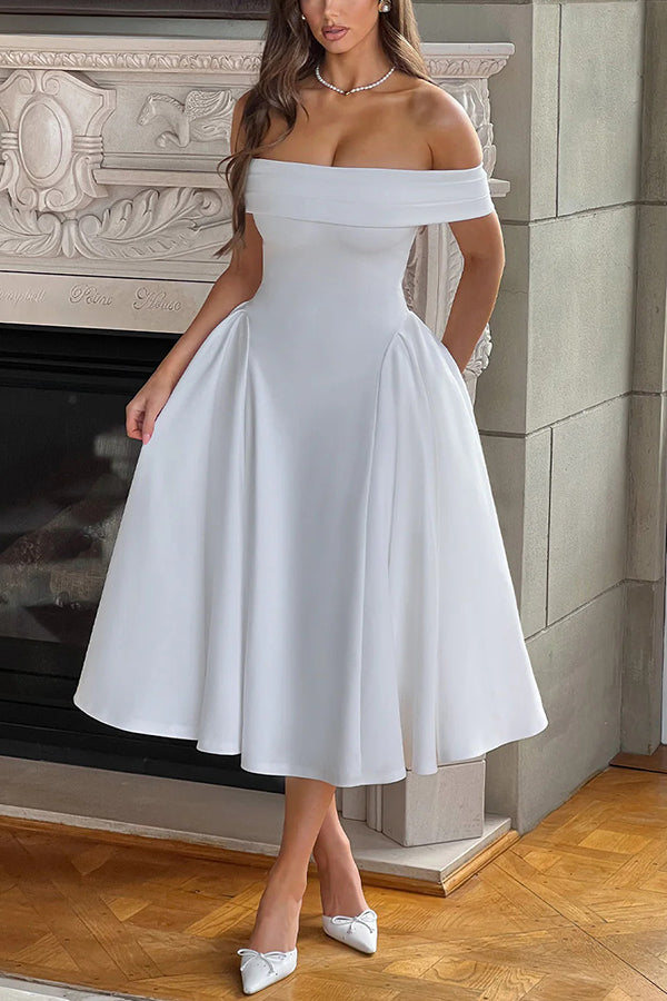 Off Shoulder Foldover Cuff Pleated Pocket Fit and Flare Midi Dress