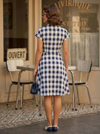 Gingham Vintage Dress Short Sleeve Hepburn Style A-line Midi Dress For Women 2026