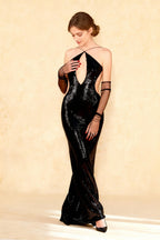 Halter Neck Keyhole Cut Out Side Waist Cut Out Sequin Floor Length Maxi Dress