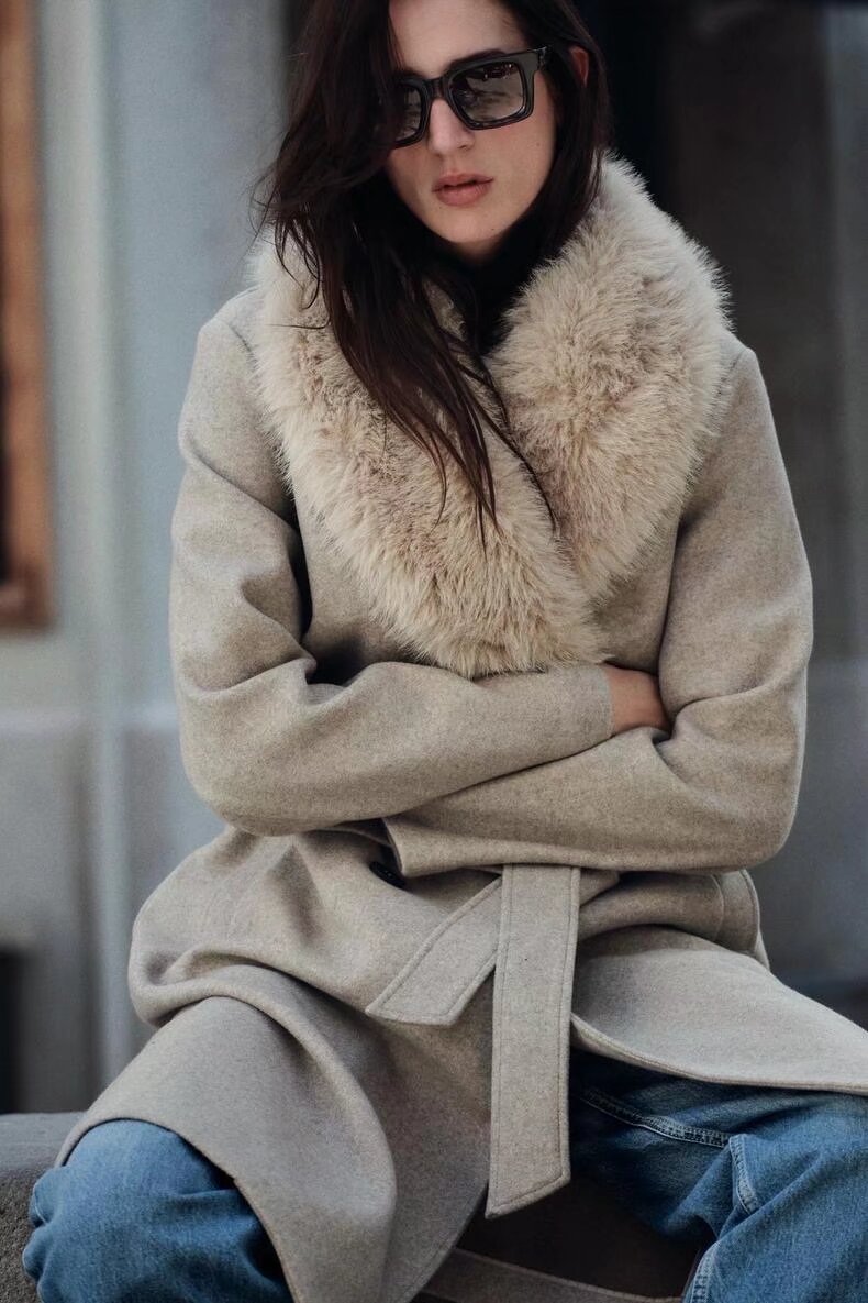 Artificial Fur Belted Trench Coat