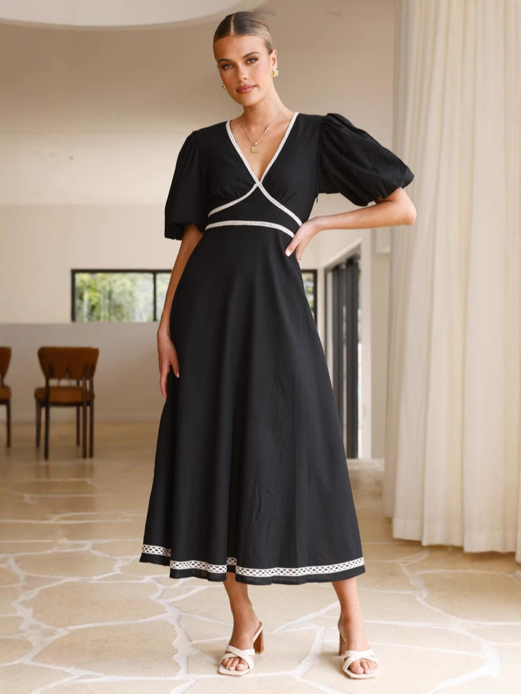 V neck Solid Color Ankle Length Maxi Dress