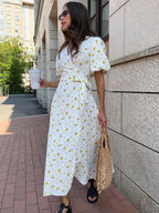 Pure Cotton Bandage Wrap-up Puff Sleeve Printed Comfort Maxi Dresses