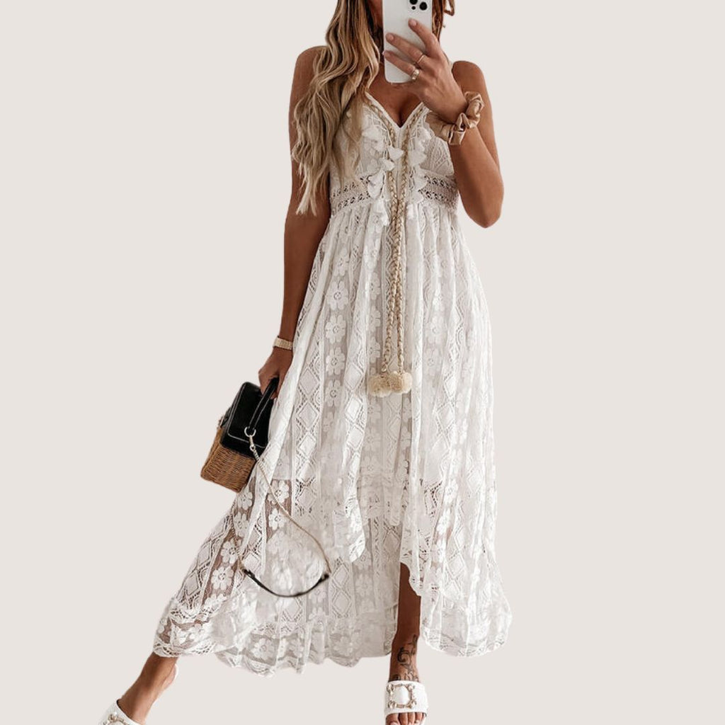 Flavia Exclusive Bohemian Lace Midi Dress with High Low Hem Premium Wardrobe Essential