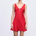 Satin Deep V-Neck Keyhole Cut Out A-Line Mini Dress