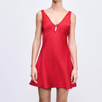 Satin Deep V-Neck Keyhole Cut Out A-Line Mini Dress