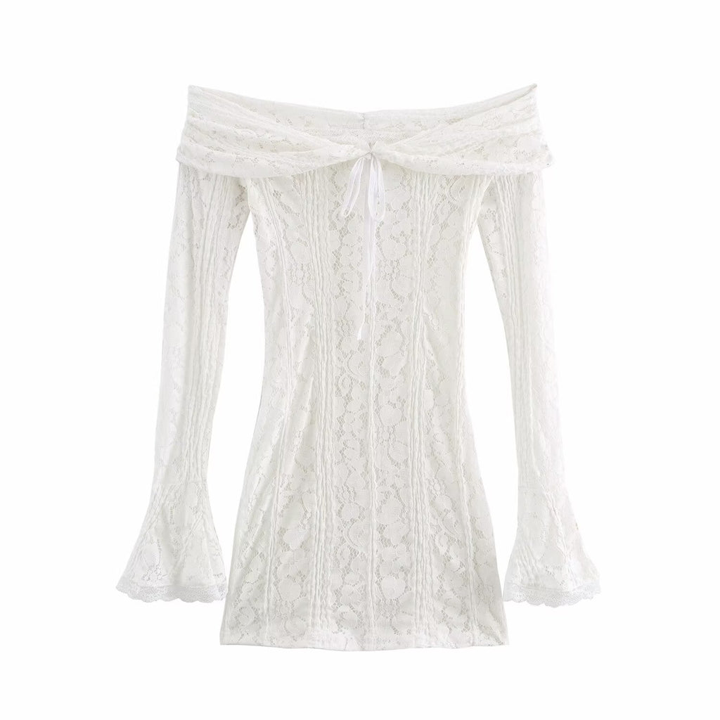 Lace Off Shoulder Bell Sleeve Smocked Panel Mini Dress