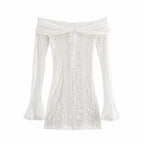 Lace Off Shoulder Bell Sleeve Smocked Panel Mini Dress