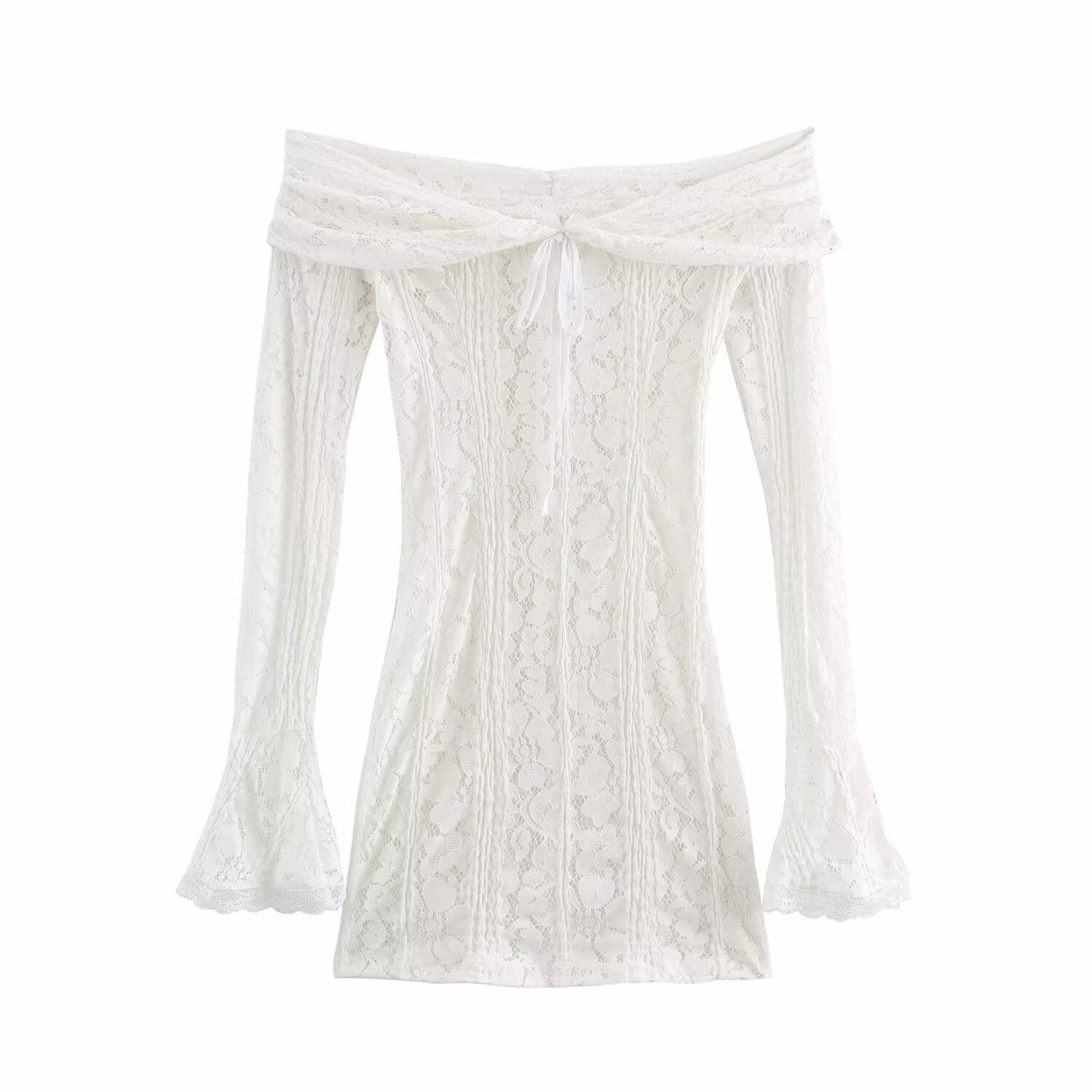 Lace Off Shoulder Bell Sleeve Smocked Panel Mini Dress