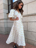 Pure Cotton Bandage Wrap-up Puff Sleeve Printed Comfort Maxi Dresses